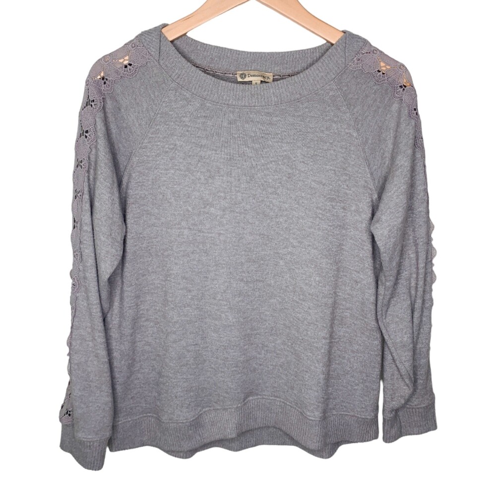 Democracy womens gray pullover sweater lace sleeve size small